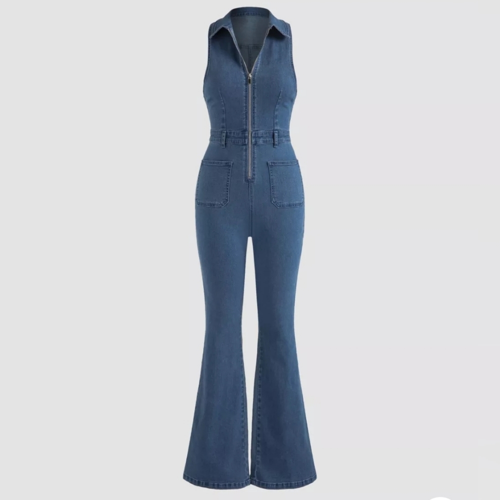 Denim Collar Flare Leg Jumpsuit